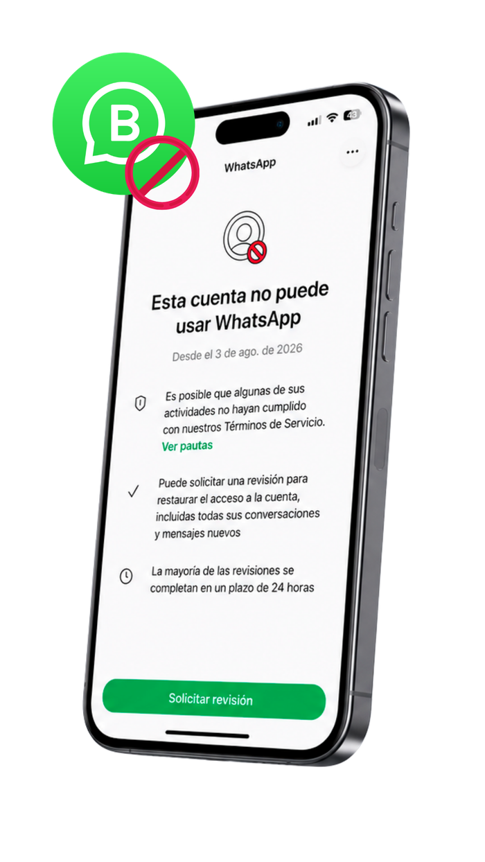 Celular mostrando el aviso de cuenta suspendida de WhatsApp Business