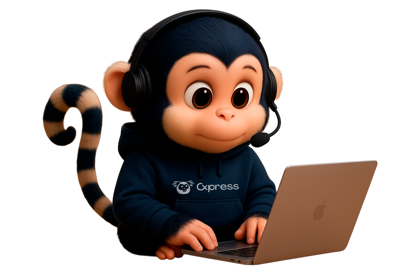 Samir, mascote da Cxpress, sentado com um laptop