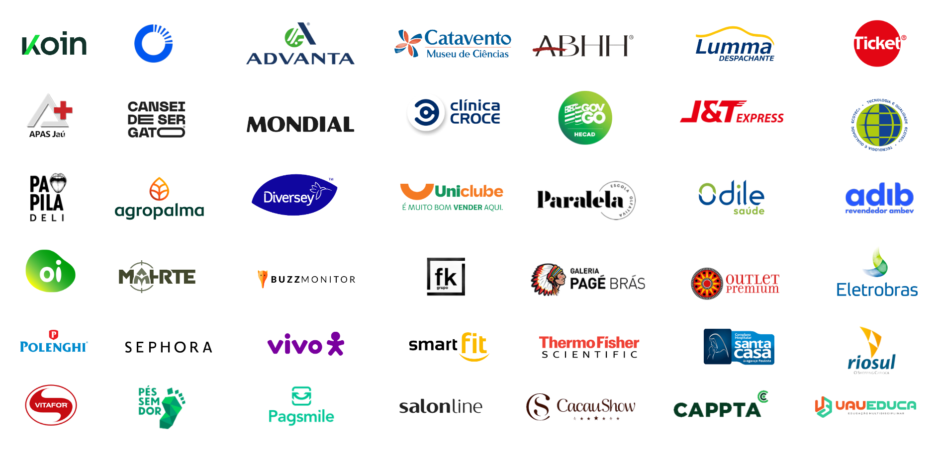 Logos de clientes que usam a Cxpress, entre eles Koin, Advanta, Mondial, Vivo, Sephora, smartfit, ThermoFisher, J&T Express, Eletrobras e Cacau Show