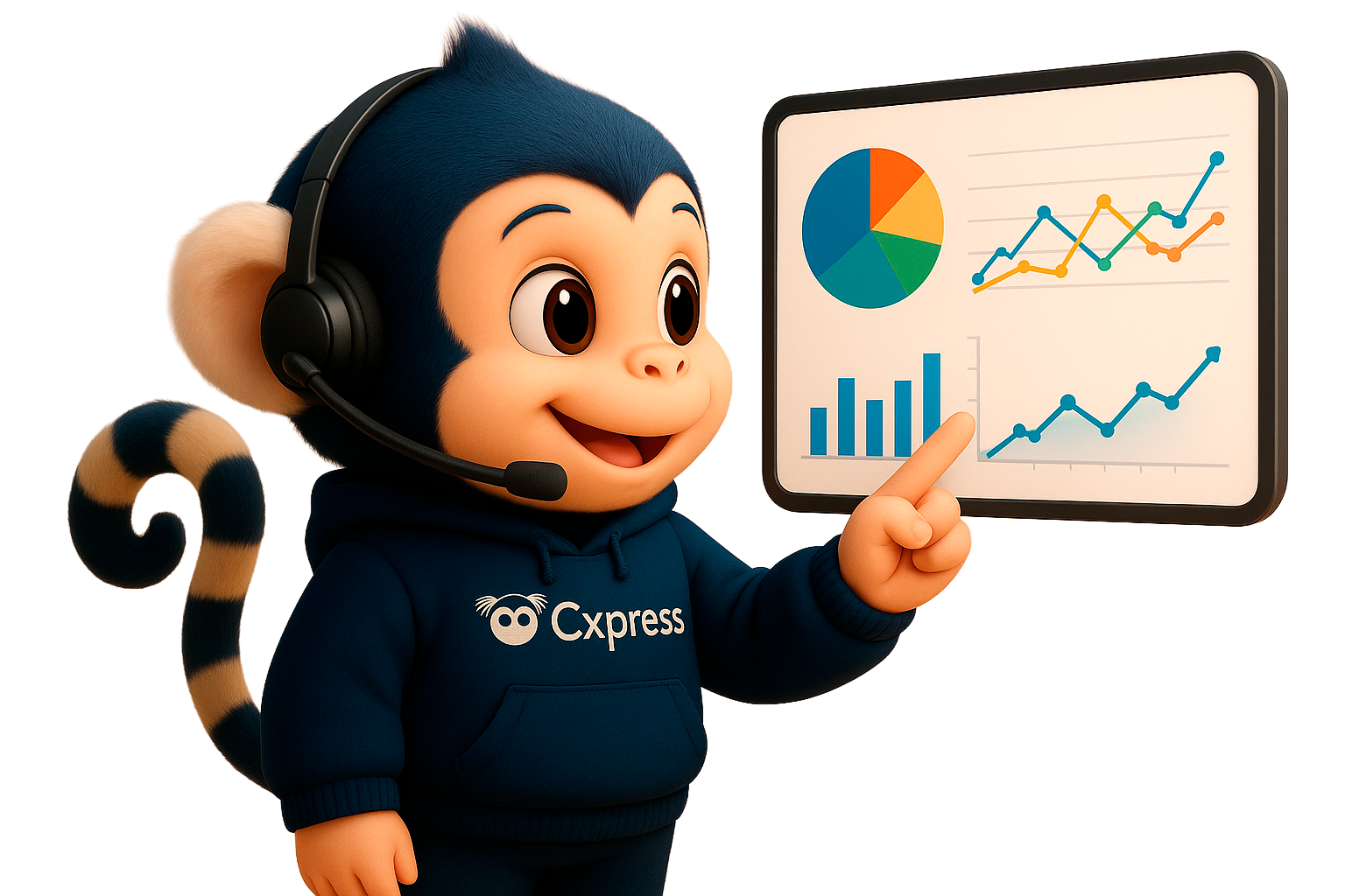 Samir, mascote da Cxpress, apontando para um dashboard de métricas